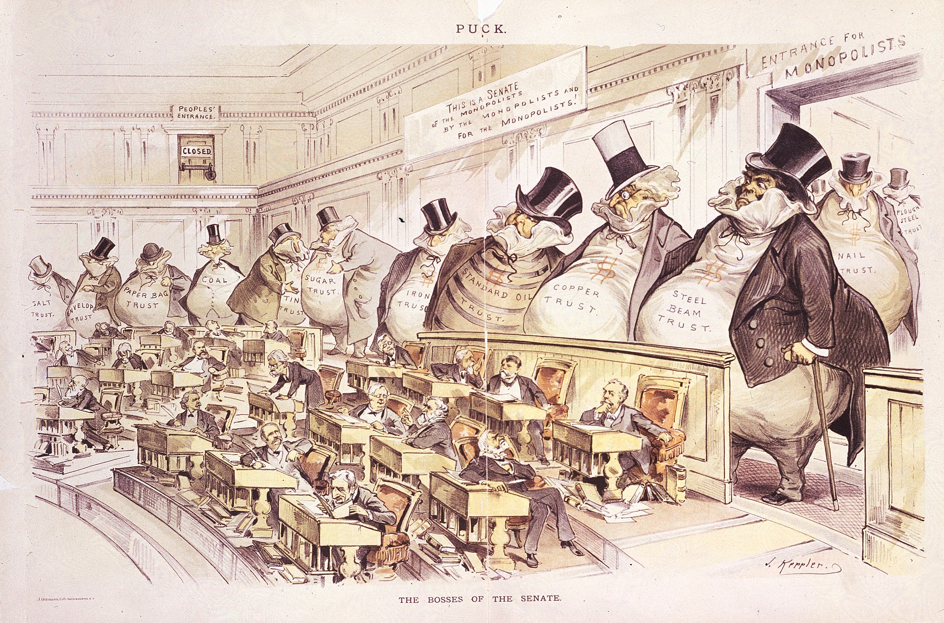 Joseph Keppler's 1889 Puck cartoon depicting the U.S. Senate floor with rows of senators dwarfed by enormous moneybag-shaped trust magnates labeled Standard Oil, Steel, Coal, Iron, Sugar, Tin, Copper, and others. A door at the back of the chamber, marked 'PEOPLE'S ENTRANCE,' is closed.
